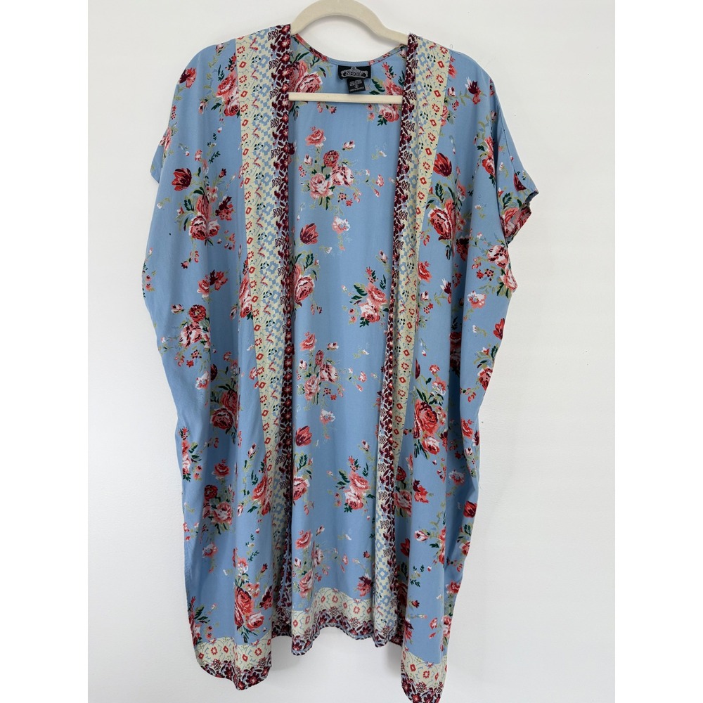 ANGIE Blue Floral‎ Print Kimono Cover Up Lightweight Festival Beach Boho Small